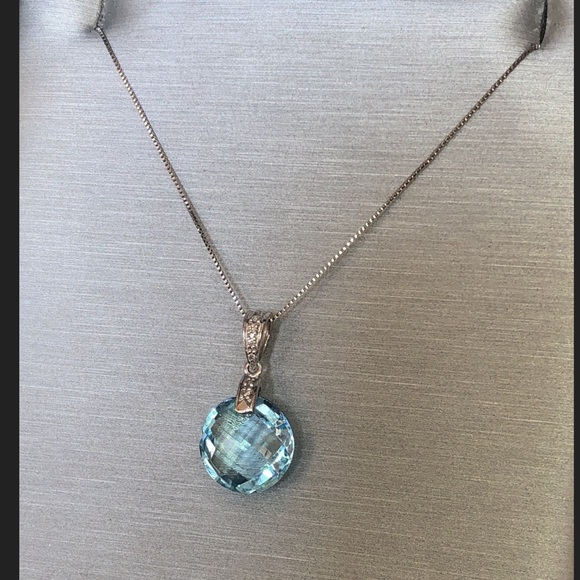 Solid 14K White Gold Fancy Cut Round Blue Topaz Diamond Accent Pendant Necklace - Picture 5 of 14